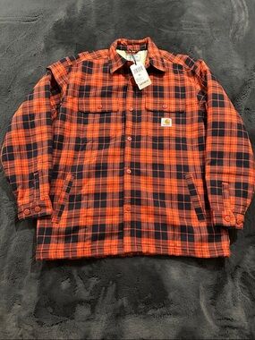 Carhartt WIP Work in Progress Orange & Navy Plaid Shirt Jacket XL NWT